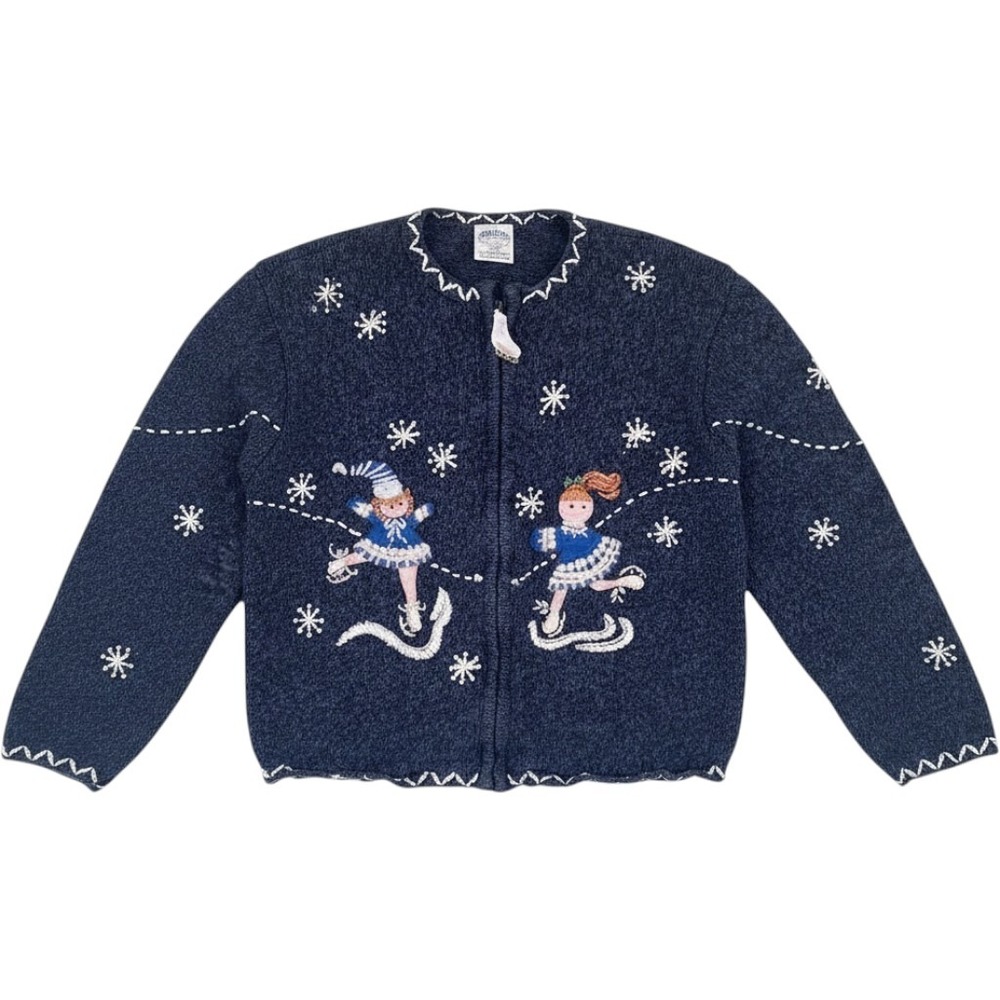 Tiara Ice Skating Cardigan Girls Size L Navy Blue Embroidered Winter Snowflake